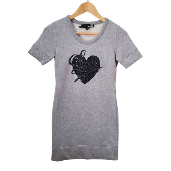 Moschino Vintage Y2K Grey Sweatshirt Dress Fleece Lined Logo Heart Sequin size 2 - Picture 1 of 12